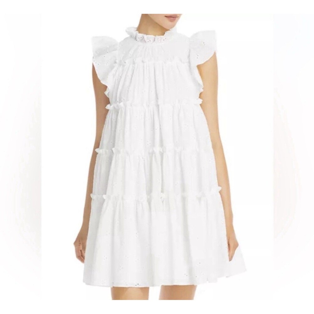 En Saison Kiko Cotton Embroidered Eyelet Mini Dress White Tiered Ruffle Size M
